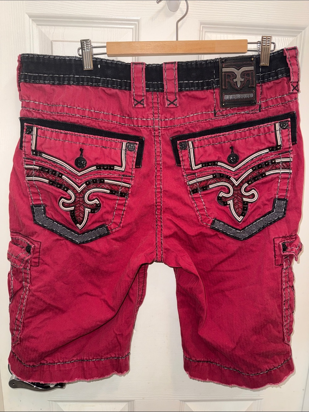 Rock Revival Men’s Cargo Shorts Red Embroidered